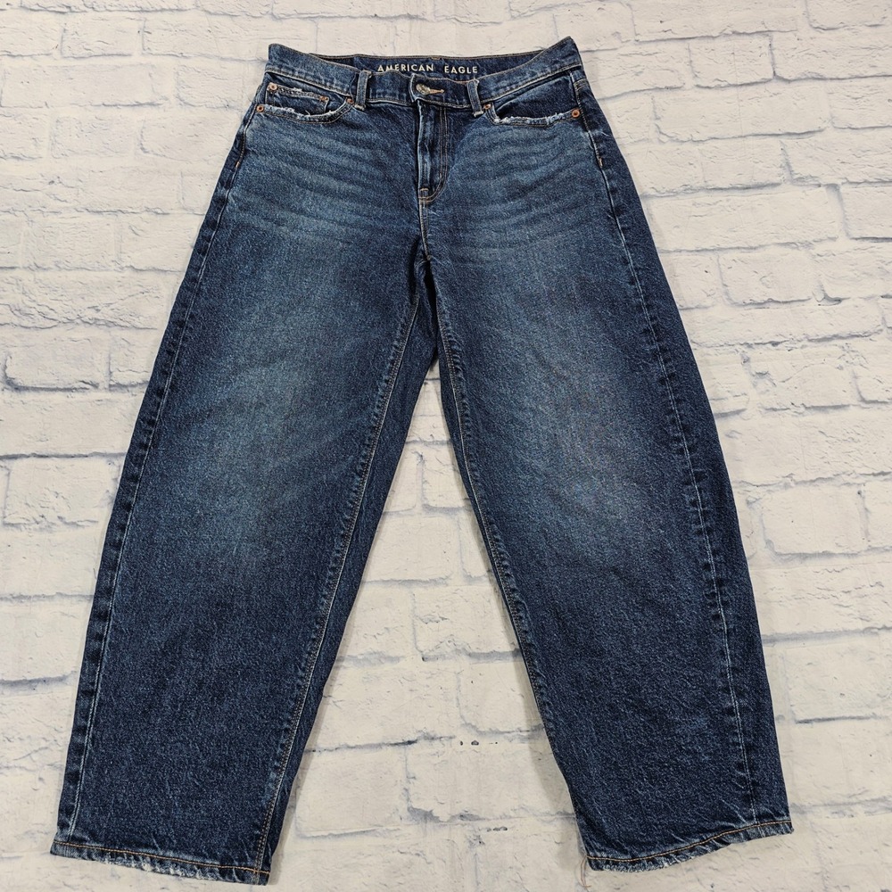 American Eagle Barrel Jeans Women 0 Short Dark Wash High Rise Stretch Denim